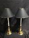 Vtg Pr. Maitland Smith Brass Candlestick Buffet/table Lamps Withblack Metal Shades