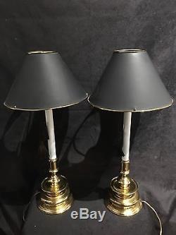 VTG Pr. Maitland Smith Brass Candlestick Buffet/Table Lamps withBlack Metal Shades