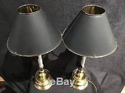 VTG Pr. Maitland Smith Brass Candlestick Buffet/Table Lamps withBlack Metal Shades