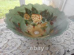 VTG Reverse HAND PAINTED GLASS Shade Ribbed Design VICTORIAN ROSES GORGEOUS