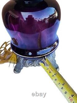 VTG Ruffled Shade Optic Swirl Amethyst Glass & Ornate Metal Patina Lattice Lamp