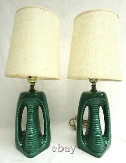 VTG. SET of 2. ORIGINAL MID CENTURY MODERN. TEAL. CERAMIC. TABLE LAMPS. W SHADES