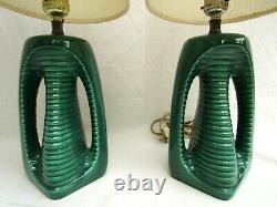 VTG. SET of 2. ORIGINAL MID CENTURY MODERN. TEAL. CERAMIC. TABLE LAMPS. W SHADES