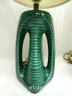 VTG. SET of 2. ORIGINAL MID CENTURY MODERN. TEAL. CERAMIC. TABLE LAMPS. W SHADES