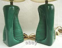 VTG. SET of 2. ORIGINAL MID CENTURY MODERN. TEAL. CERAMIC. TABLE LAMPS. W SHADES