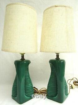 VTG. SET of 2. ORIGINAL MID CENTURY MODERN. TEAL. CERAMIC. TABLE LAMPS. W SHADES