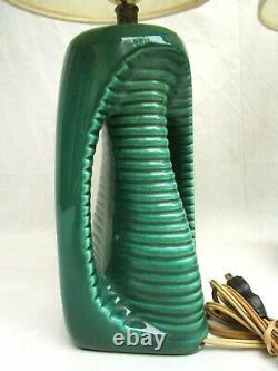 VTG. SET of 2. ORIGINAL MID CENTURY MODERN. TEAL. CERAMIC. TABLE LAMPS. W SHADES