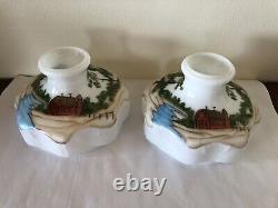 VTG Set Of 2- 10 Oil Lamp Shades- Red Barn Design- By Davis-Lynch Glass USA