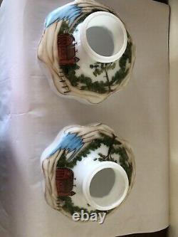 VTG Set Of 2- 10 Oil Lamp Shades- Red Barn Design- By Davis-Lynch Glass USA