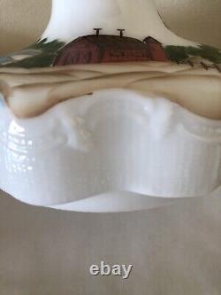 VTG Set Of 2- 10 Oil Lamp Shades- Red Barn Design- By Davis-Lynch Glass USA