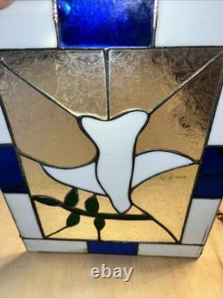 VTG Stained Glass Tiffany Style Large White & Cobalt Hand Leaded Dove 12x15