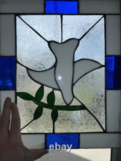 VTG Stained Glass Tiffany Style Large White & Cobalt Hand Leaded Dove 12x15