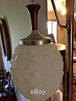 VTG Tension Pole Lamp Floor to Ceiling Milk Glass Weave Look Shades