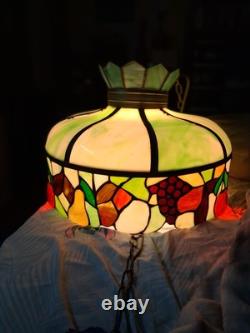 VTG Tiff Style Glass Shade 8-PANEL Fruits Border Hanging Light