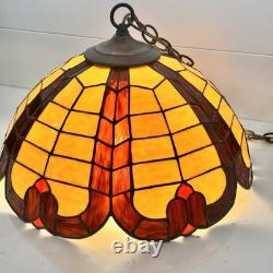 VTG Tiffany Style Orange Red Yellow Leaded Glass Hanging 16 Lampshade 70's