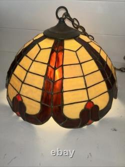VTG Tiffany Style Orange Red Yellow Leaded Glass Hanging 16 Lampshade 70's