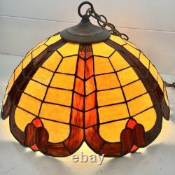 VTG Tiffany Style Orange Red Yellow Leaded Glass Hanging 16 Lampshade 70's