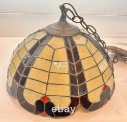 VTG Tiffany Style Orange Red Yellow Leaded Glass Hanging 16 Lampshade 70's
