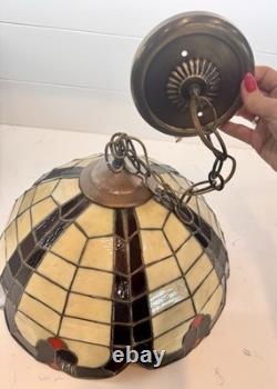 VTG Tiffany Style Orange Red Yellow Leaded Glass Hanging 16 Lampshade 70's
