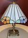 Vtg Tiffany Style Slag Stained Glass Floral Shade Brass Lamp Base Read