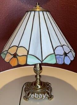 VTG Tiffany Style Slag Stained Glass Floral Shade Brass Lamp Base READ