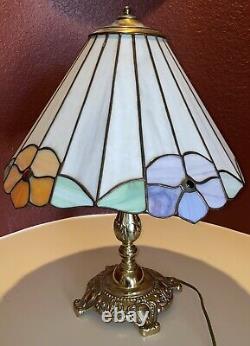VTG Tiffany Style Slag Stained Glass Floral Shade Brass Lamp Base READ