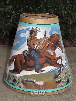 VTG UNIQUE OOAK PAINTED ANIMAL HIDE LAMP SHADE-COWBOY ON HORSE-SIGNED ROY BOY