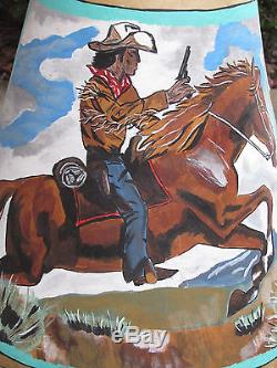 VTG UNIQUE OOAK PAINTED ANIMAL HIDE LAMP SHADE-COWBOY ON HORSE-SIGNED ROY BOY