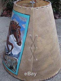 VTG UNIQUE OOAK PAINTED ANIMAL HIDE LAMP SHADE-COWBOY ON HORSE-SIGNED ROY BOY