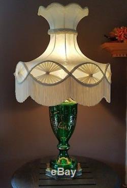 VTG VICTORIAN BENKO GREEN LAMP With HUGE BELL FLORAL LAMP SHADE With FRINGE TASSEL