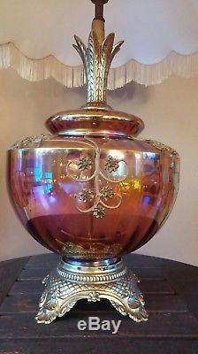 VTG VICTORIAN IRIDESCENT CARNIVAL GLASS LAMP With HUGE BELL FLORAL LAMP SHADE