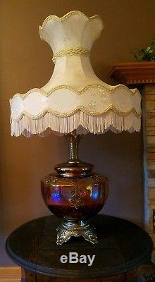 VTG VICTORIAN IRIDESCENT CARNIVAL GLASS LAMP With HUGE BELL FLORAL LAMP SHADE