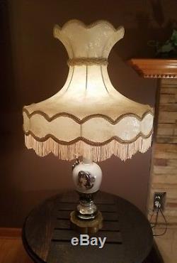 VTG VICTORIAN LADY PITCHER LAMP With HUGE BELL FLORAL LAMP SHADE With FRINGE TASSEL