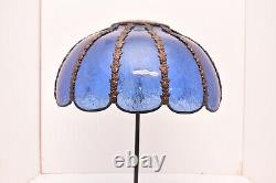 VTG Victorian Curved Slag Stained Glass BLUE Crackle 12 Paneled Lamp Shade ATQ