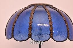 VTG Victorian Curved Slag Stained Glass BLUE Crackle 12 Paneled Lamp Shade ATQ