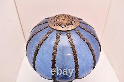 VTG Victorian Curved Slag Stained Glass BLUE Crackle 12 Paneled Lamp Shade ATQ