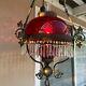Vtg Victorian Hanging Library Oil Lamp Withruby Red Glass Shade, 59 Prisms, 38 H