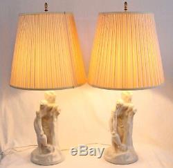 Van Briggle Pottery Rebecca at the Well White Table Lamps Pair Vintage Shades
