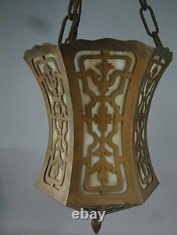 Victorian Antique Brass & Caramel, Blue Slag Glass Hanging Lamp Shade LOOK