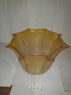 Victorian Antique Oil Lamp shade Crimped & Etched Citrine Yellow Oil lamp shade