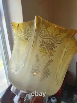 Victorian Antique Oil Lamp shade Crimped & Etched Citrine Yellow Oil lamp shade