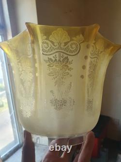 Victorian Antique Oil Lamp shade Crimped & Etched Citrine Yellow Oil lamp shade