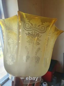 Victorian Antique Oil Lamp shade Crimped & Etched Citrine Yellow Oil lamp shade
