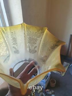 Victorian Antique Oil Lamp shade Crimped & Etched Citrine Yellow Oil lamp shade