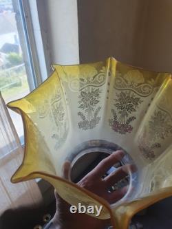 Victorian Antique Oil Lamp shade Crimped & Etched Citrine Yellow Oil lamp shade
