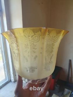Victorian Antique Oil Lamp shade Crimped & Etched Citrine Yellow Oil lamp shade