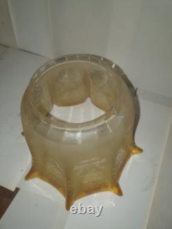 Victorian Antique Oil Lamp shade Crimped & Etched Citrine Yellow Oil lamp shade