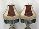 Victorian Art Deco Boho Lamp Shade Pair 2 Buffet Table Burgundy Green Beige Vtg