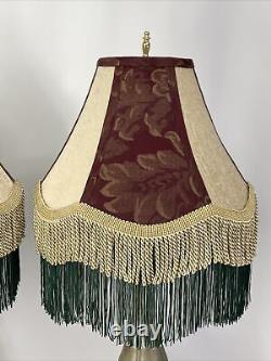 Victorian Art Deco Boho LAMP SHADE Pair 2 Buffet Table Burgundy Green Beige Vtg