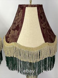 Victorian Art Deco Boho LAMP SHADE Pair 2 Buffet Table Burgundy Green Beige Vtg